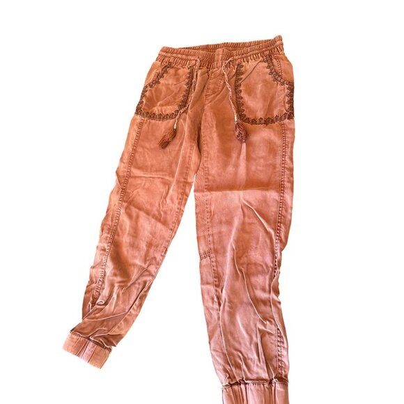 Hei Hei Brown Embroidered Jogger Pants XS Elastic Waist Drawstring Tassels - Picture 1 of 7